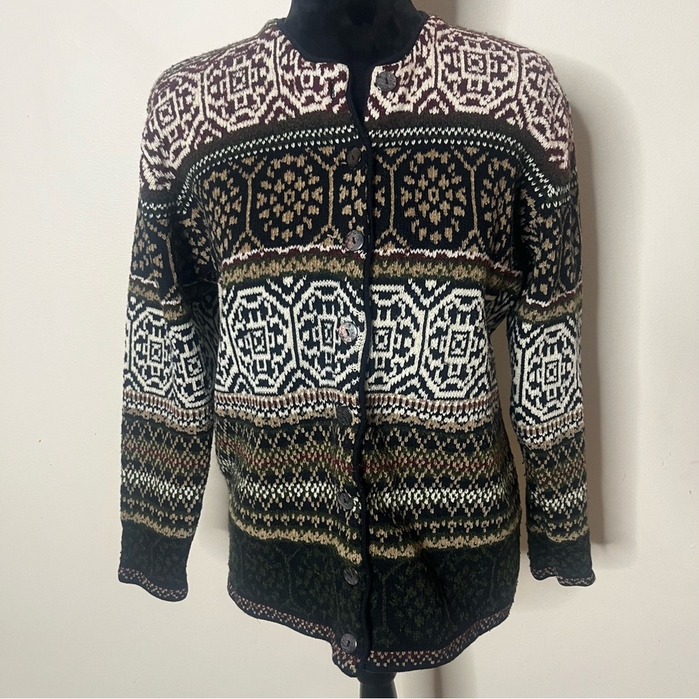 Le Moda Women’s Multicolor Fair Isle Button Up‎ Wool Blend Cardigan Sweater Sz M